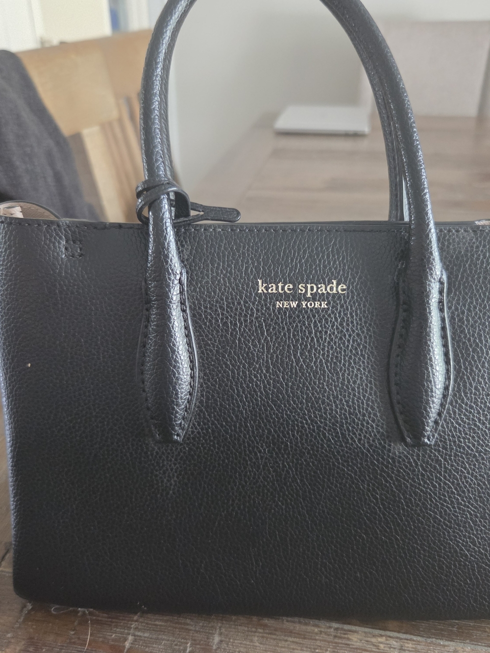 kate spade black pebbled leather satchel with gold logo